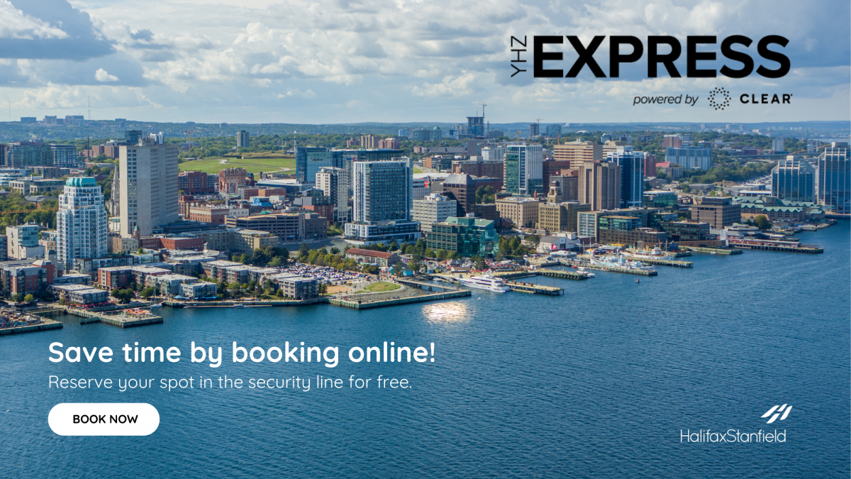 A photo for the "YHZ Express (powered by Clear)" that shows the Halifax waterfront that says "Save time by booking online! Reserve your spot in the security line for free. Book now."