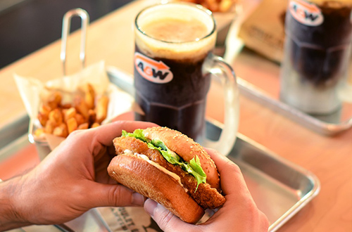 A person holding a chicken sandwich